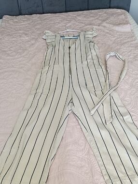 Anthropologie Striped Cream Wide-Leg Jumpsuit with Belt